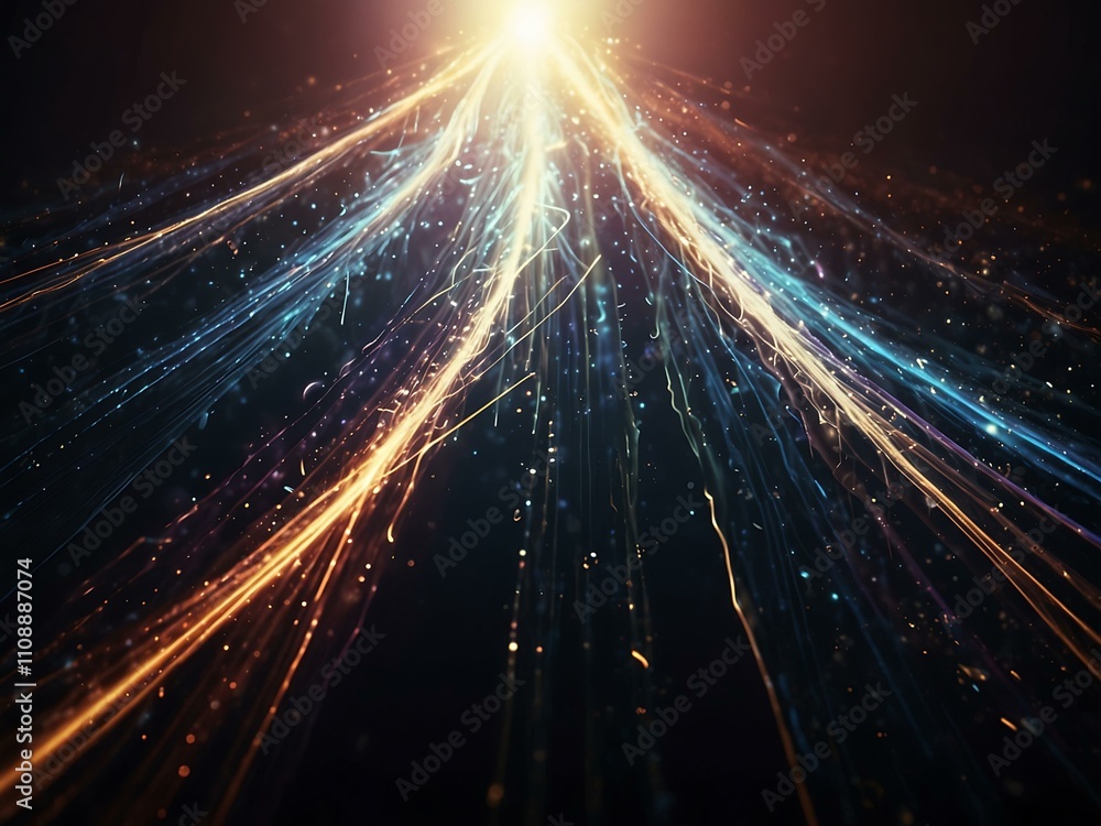 Poster soft glowing light streaks and particles in a dynamic background.
