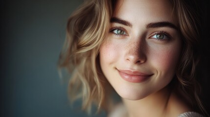 Naklejka premium A close-up portrait of a stunning woman with natural makeup, soft lighting emphasizing her radiant beauty