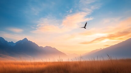 Obraz premium Nature’s scenic sunrise wild animals in serene mountains and grasslands captivating view