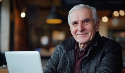 Fototapeta premium Happy elderly man working remotely using laptop in cafe, enjoying freelance work and smiling 
