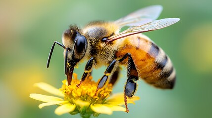 Fototapeta premium Macro photography of a pollinating bee on a bright yellow flower in vibrant wildlife habitat