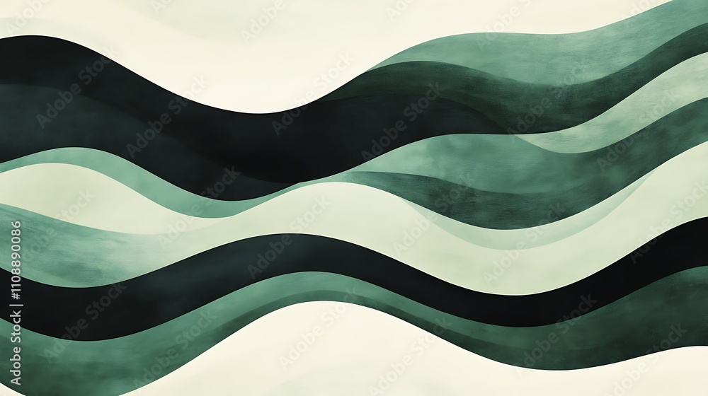 Poster a serene abstract design featuring smooth gradient waves in green and black tones, blending seamless