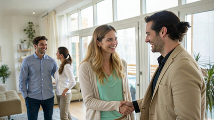 Portrait of smiling business people shaking hands at meeting in creative office