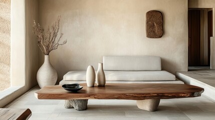 A minimalist living room with a low wooden table, pale gray sofa, and simple decorative vases