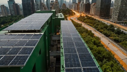 Solar panels on a green skyscraper rooftop.