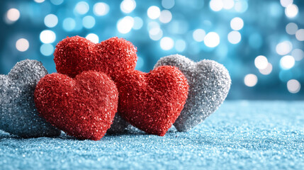 Fototapeta premium Create a romantic atmosphere with colorful Happy Valentine's Day hearts on a blue bokeh backdrop for a delightful celebration