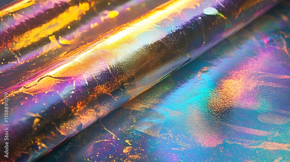 Poster a shimmering holographic rainbow foil with dynamic iridescent textures, showcasing abstract patterns
