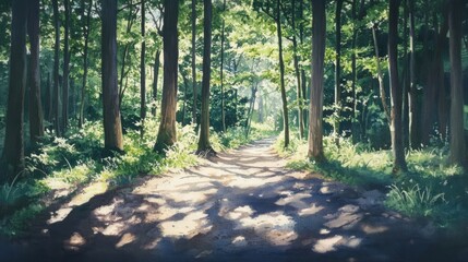 Obraz premium Soft sunlight filtering through a dense forest canopy, creating dappled shadows on the ground