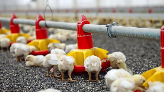 White little chicks stand at the feeders their tails to camera. Poultry birds pecking grain at the factory. Blurred backdrop.