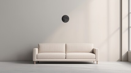Modern Minimalist Living Room Sofa  Neutral Decor  Large Window  Moon Decor