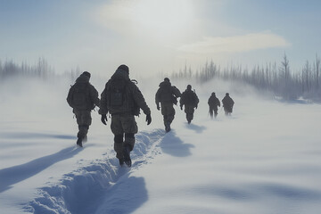men hiking in the snow military 