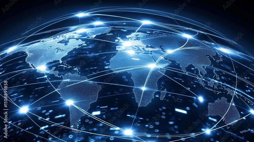 Poster global network connections on a digital world map.