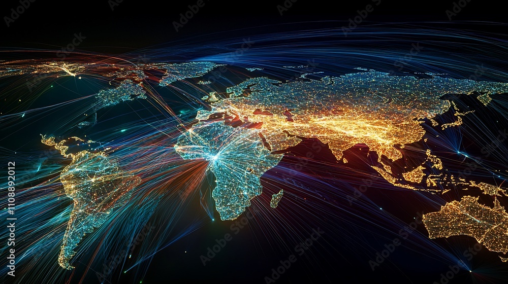 Poster Global network connections illuminating the world map.