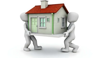 Property purchase, two people carry a green house with a red roof