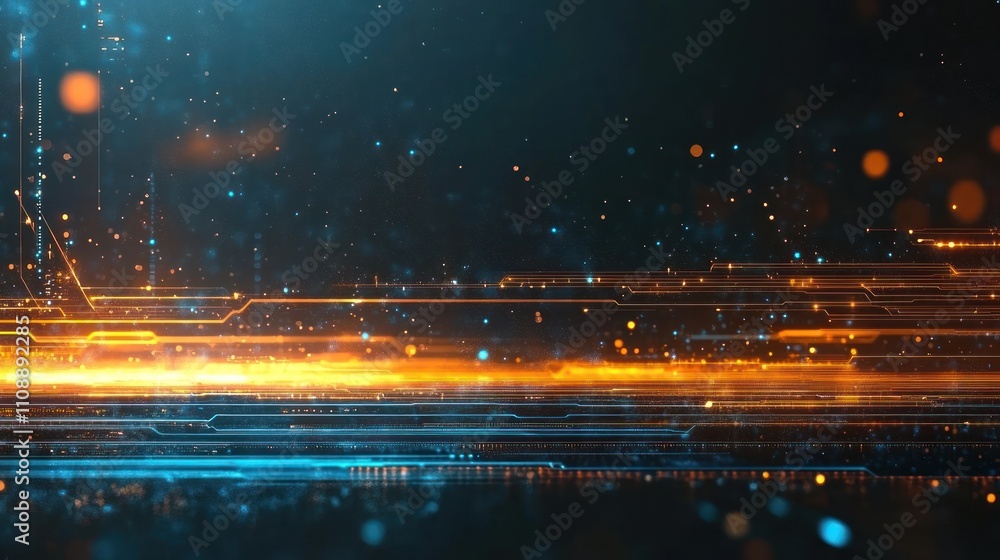 Poster abstract digital background with glowing lines and particles