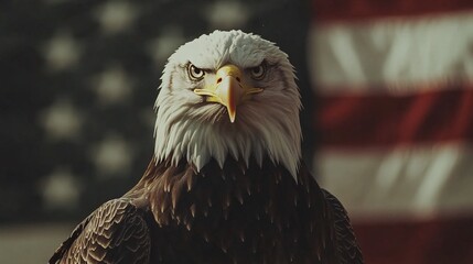 Naklejka premium Majestic bald eagle posing with american flag background