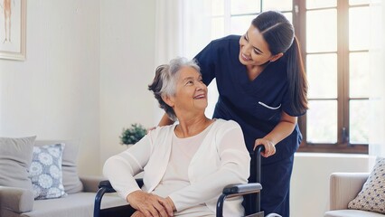 Caregiver helping senior woman in wheelchair at home. Elderly care and medical concept.