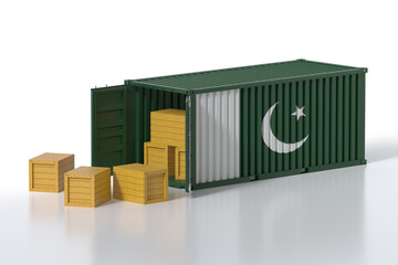 Cargo Container with Pakistan Flag Being Unloaded with Wooden Crates on White Background