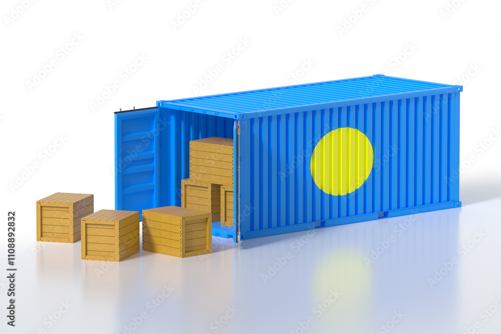 Poster cargo container with palau flag being unloaded with wooden crates on white background