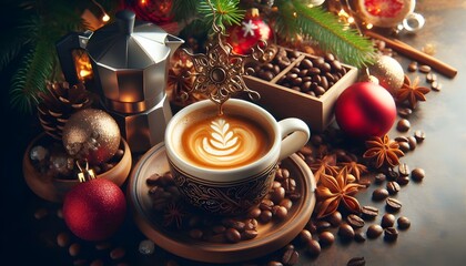Holiday Festive Coffee beverage brewed from roasted beans as a hot drink for winter Holidays or Christmas time celebration as espresso or French press and cafe latte symbol as a warm cup of joe.
