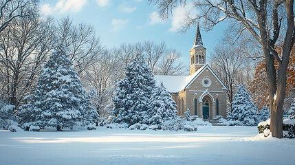 A small church with a steeple sits in a snowy field