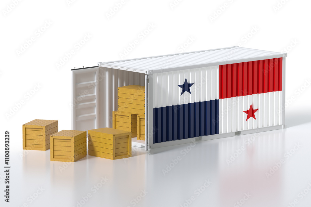 Poster cargo container with panama flag being unloaded with wooden crates on white background