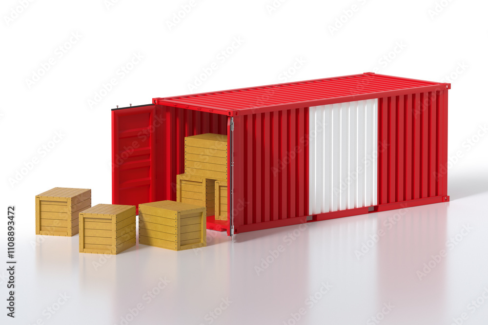 Poster cargo container with peru flag being unloaded with wooden crates on white background