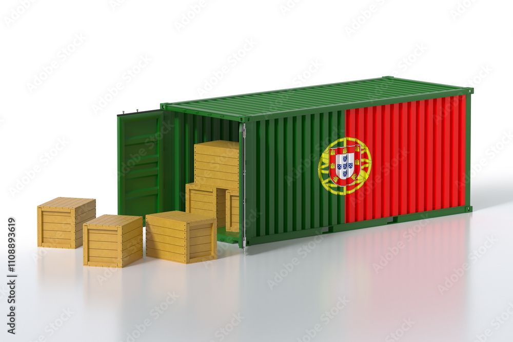 Poster cargo container with portugal flag being unloaded with wooden crates on white background