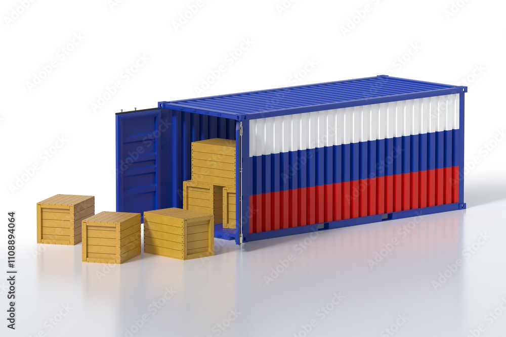 Poster cargo container with russia flag being unloaded with wooden crates on white background