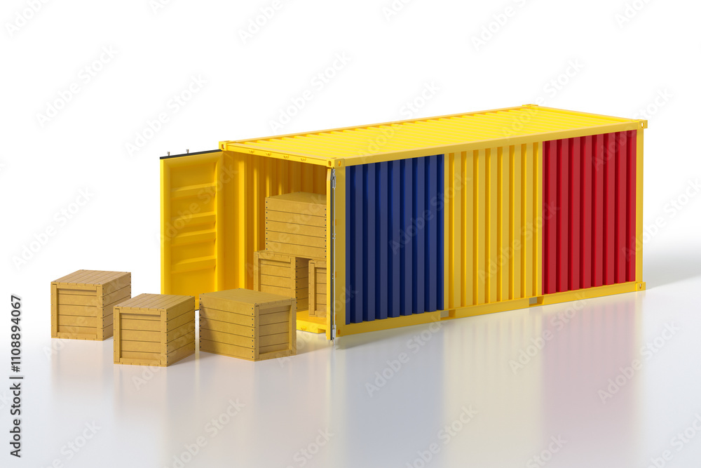 Poster cargo container with romania flag being unloaded with wooden crates on white background