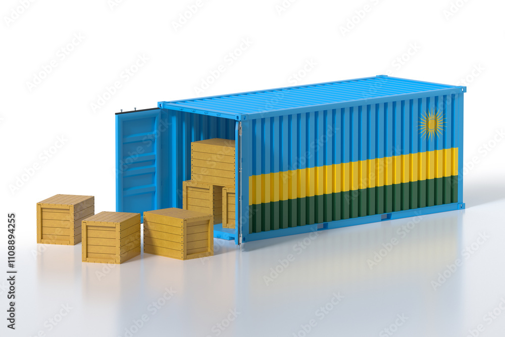 Poster cargo container with rwanda flag being unloaded with wooden crates on white background