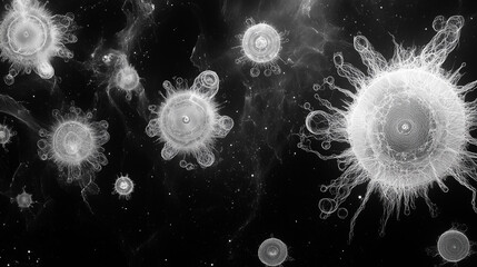 Abstract illustration of microscopic organisms in black and white with intricate details