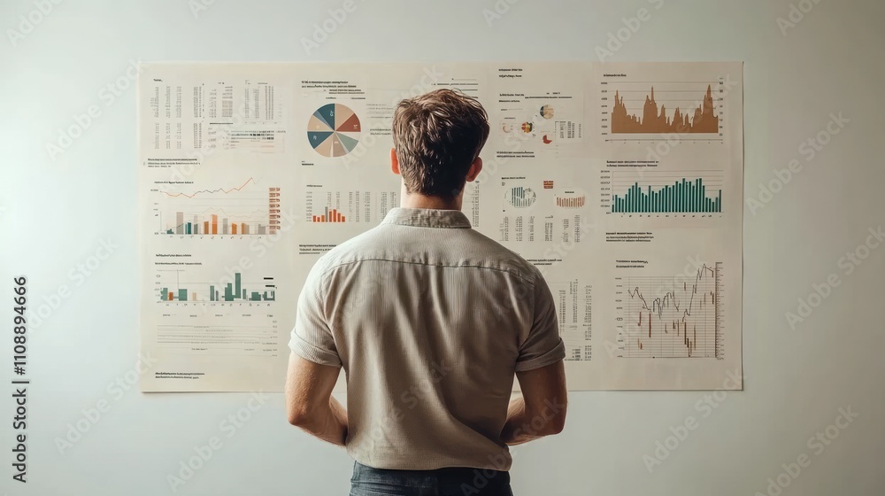 Poster analyzing data: a man reviews charts and graphs
