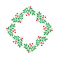 Tiempo de Navidad. Decoración primaveral. Logo con corona navideña con forma de estrella o cruz con hojas y bayas para tarjetas y felicitaciones