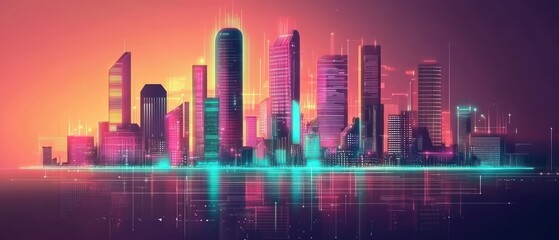 Fototapeta premium Futuristic city skyline with vibrant neon colors 