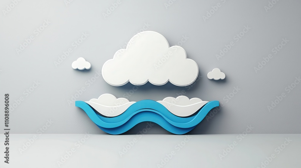 Poster a stylized depiction of clouds and waves, featuring soft shapes and a minimalist color palette, set 