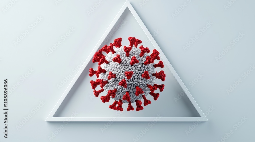 Poster a stylized representation of a coronavirus particle framed within a white triangle, symbolizing the 