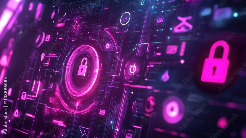 Poster digital security interface with lock symbols and icons