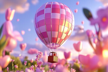 Fototapeta premium A whimsical hot air balloon floating above a patchwork of fields at golden hour