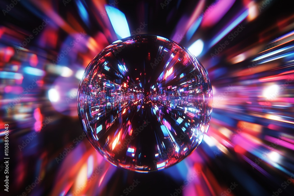 Aufkleber a zoomed-in shot of a disco ball reflecting multicolored lights across a dark space