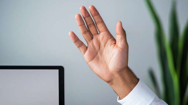 A raised hand is shown, signaling greeting or attention, with a blurred computer screen in the background and foliage hinting at a calming indoor environment.
