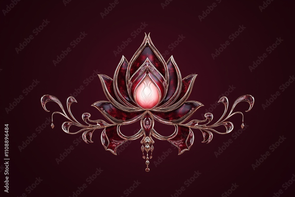 Poster an elegant henna pattern forming a glowing lotus on a deep crimson background
