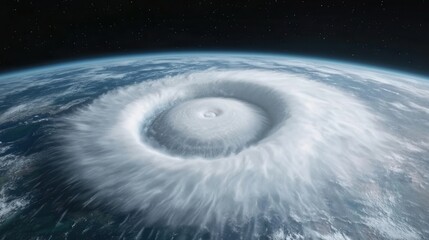 A dramatic view of a swirling hurricane over Earth, showcasing powerful winds and storm clouds from a satellite perspective.