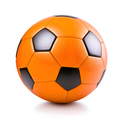 Fototapeta premium Bright orange soccer ball rests on a clean white background under natural light showcasing its vibrant color and classic design