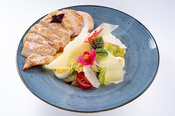 Juicy Pan-Asian Salad with Chicken Breast, Vegetables, Parmesan, and Flower Garnish