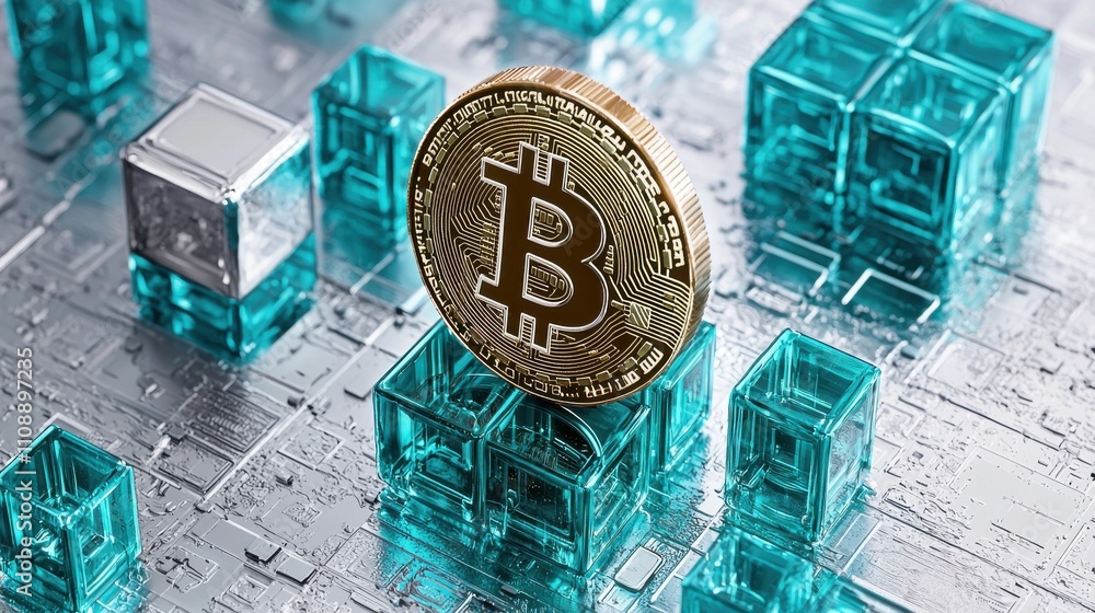 Aufkleber the image features a bitcoin coin standing among transparent blue blocks, symbolizing cryptocurrency