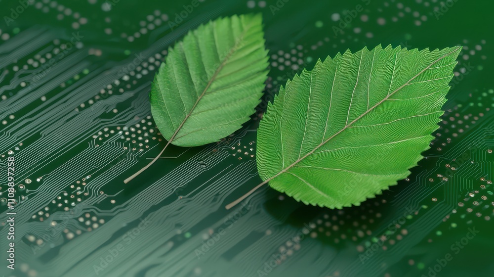 Poster a close-up of green leaves resting on a textured circuit board background, symbolizing the intersect