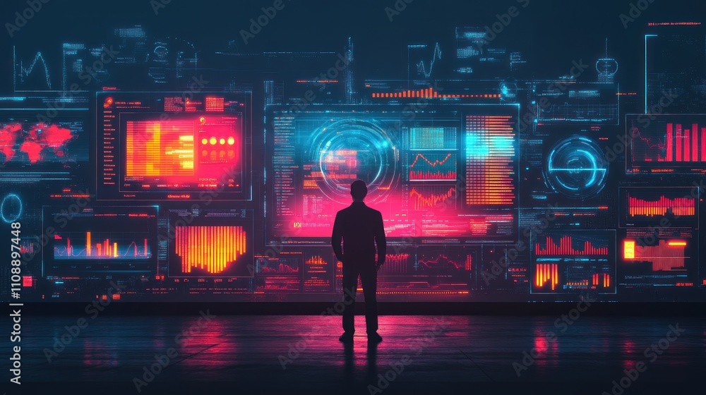 Poster data visualization: a man observing complex information displays