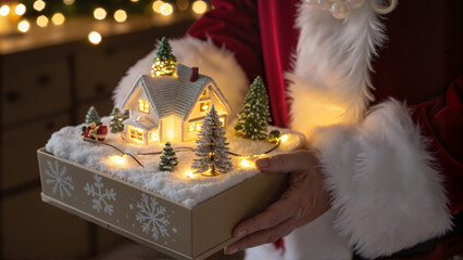 Festive Christmas village glowing in decorative box