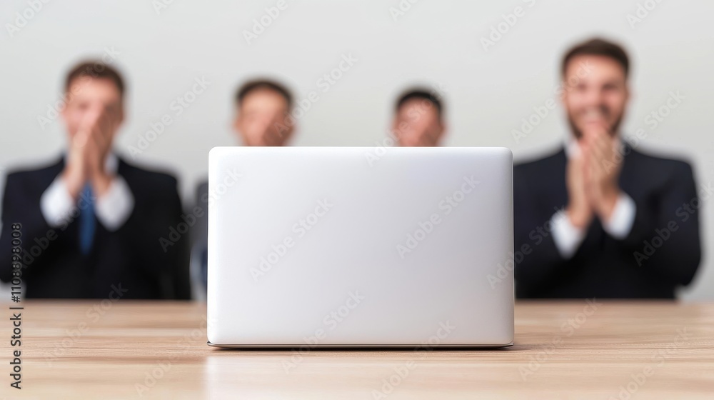 Poster a laptop is centered on a table, with three professionals in suits clapping in the background, creat